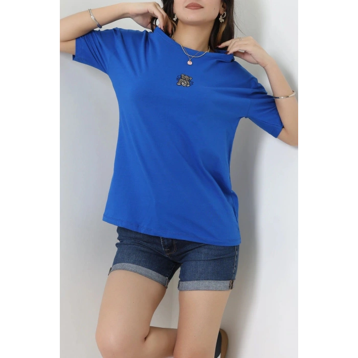 Suprem Nakışlı Oversize Tişört Saks - 31878.1878.