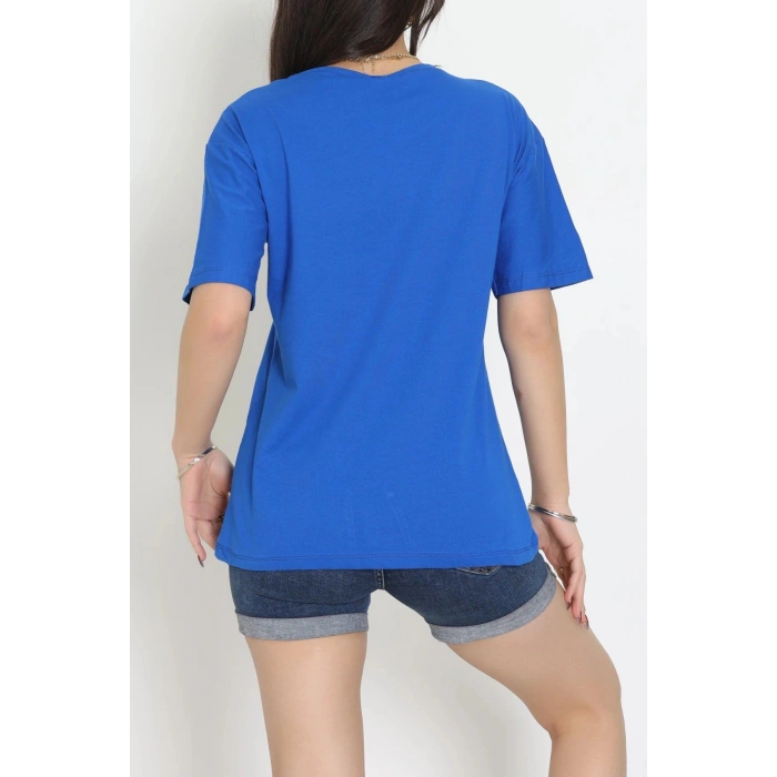 Suprem Nakışlı Oversize Tişört Saks - 31878.1878.