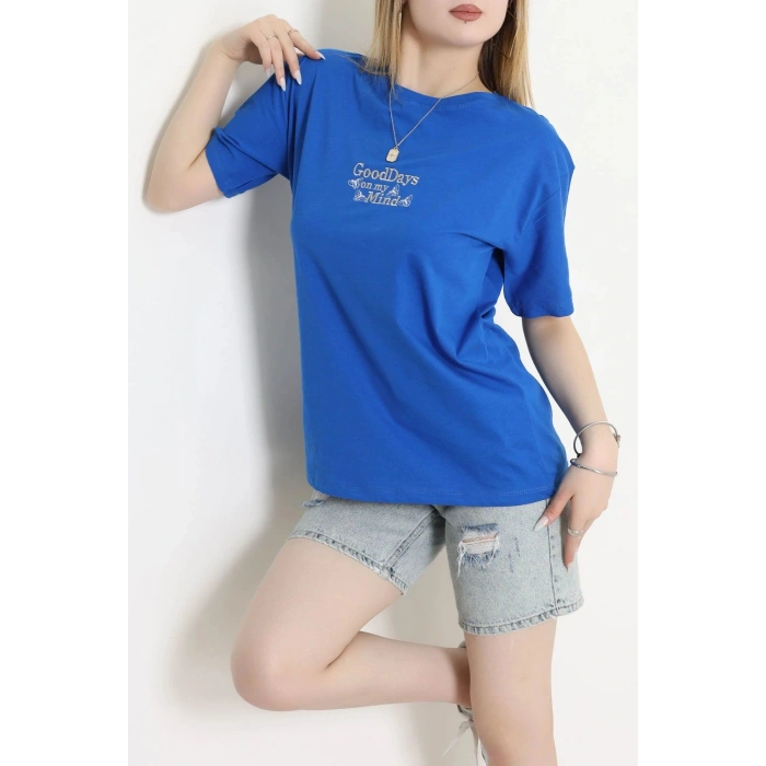 Suprem Nakışlı Oversize Tişört Saks - 31882.1878.