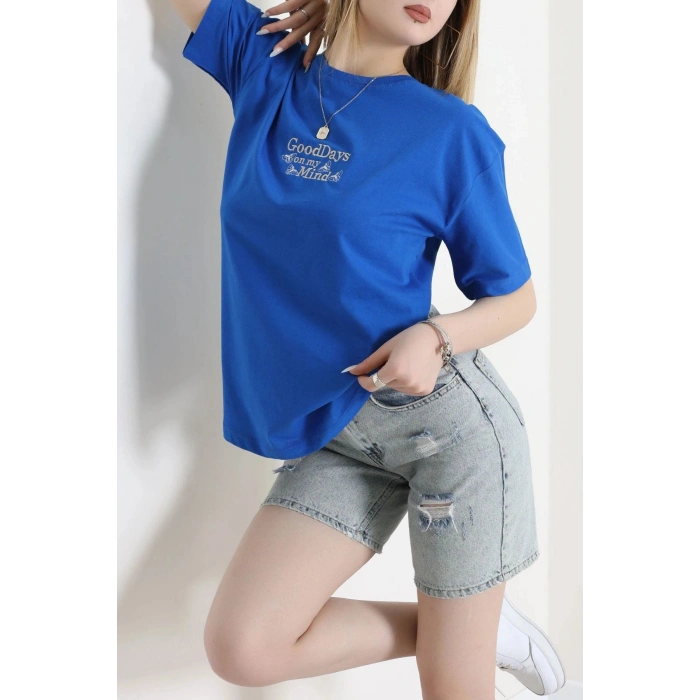 Suprem Nakışlı Oversize Tişört Saks - 31882.1878.