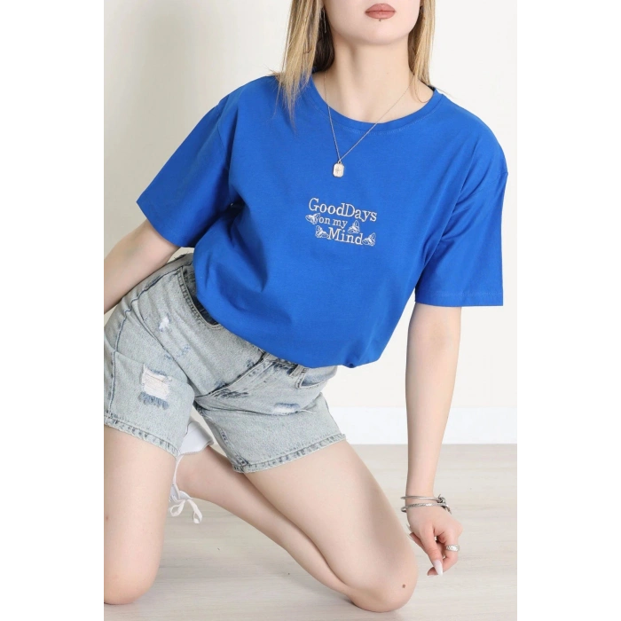 Suprem Nakışlı Oversize Tişört Saks - 31882.1878.