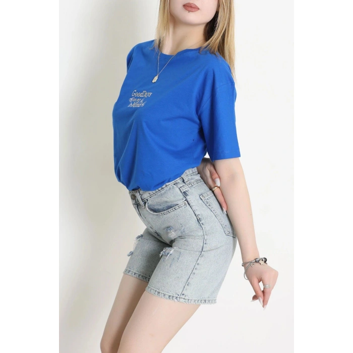 Suprem Nakışlı Oversize Tişört Saks - 31882.1878.