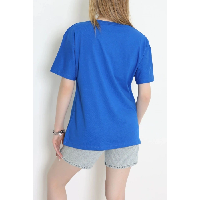 Suprem Nakışlı Oversize Tişört Saks - 31882.1878.