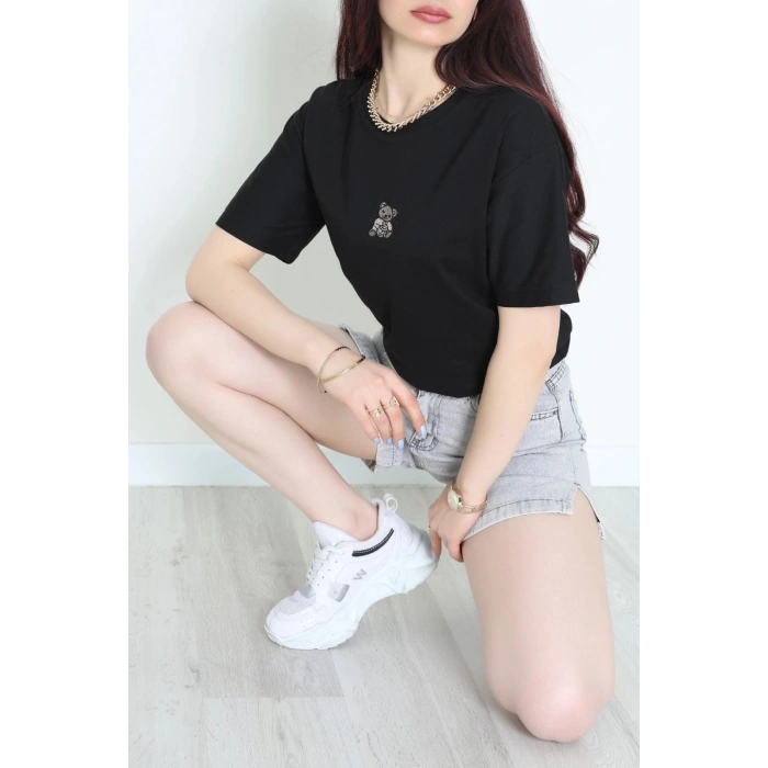 Suprem Nakışlı Oversize Tişört Siyah - 31877.1878.