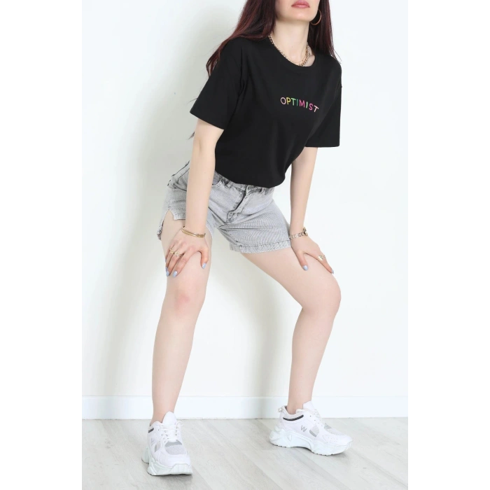 Suprem Nakışlı Oversize Tişört Siyah - 31878.1878.