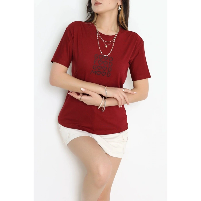 Suprem Nakışlı Tişört Bordo - 31886.1878.