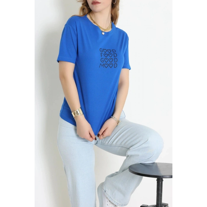 Suprem Nakışlı Tişört Saks - 31886.1878.