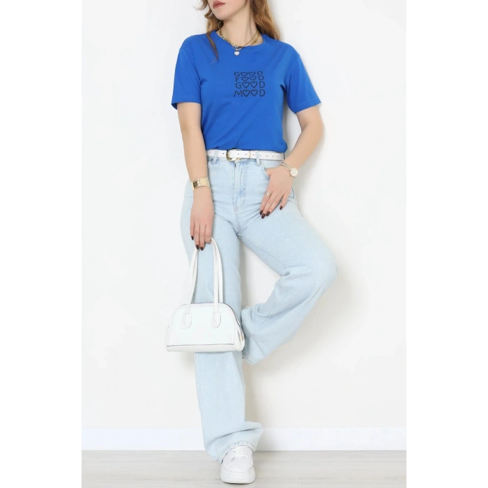Suprem Nakışlı Tişört Saks - 31886.1878.