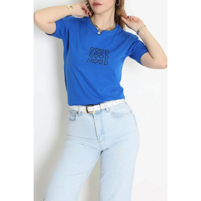 Suprem Nakışlı Tişört Saks - 31886.1878.