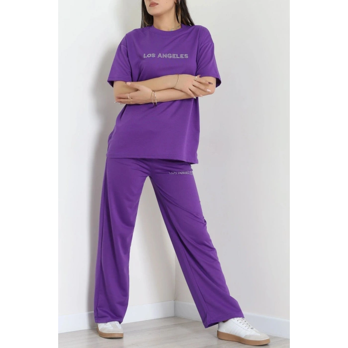 Taş Baskılı Palazzo 2 İplik Wortex Takım Mor - 80321.1878.
