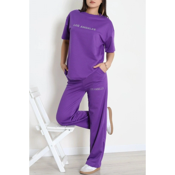 Taş Baskılı Palazzo 2 İplik Wortex Takım Mor - 80321.1878.