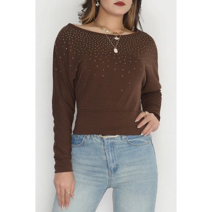 Taş Detay Kayık Yaka Bluz Acıkahve - 4129.1247.