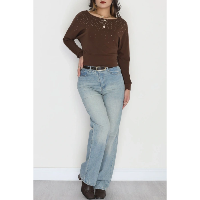 Taş Detay Kayık Yaka Bluz Acıkahve - 4129.1247.