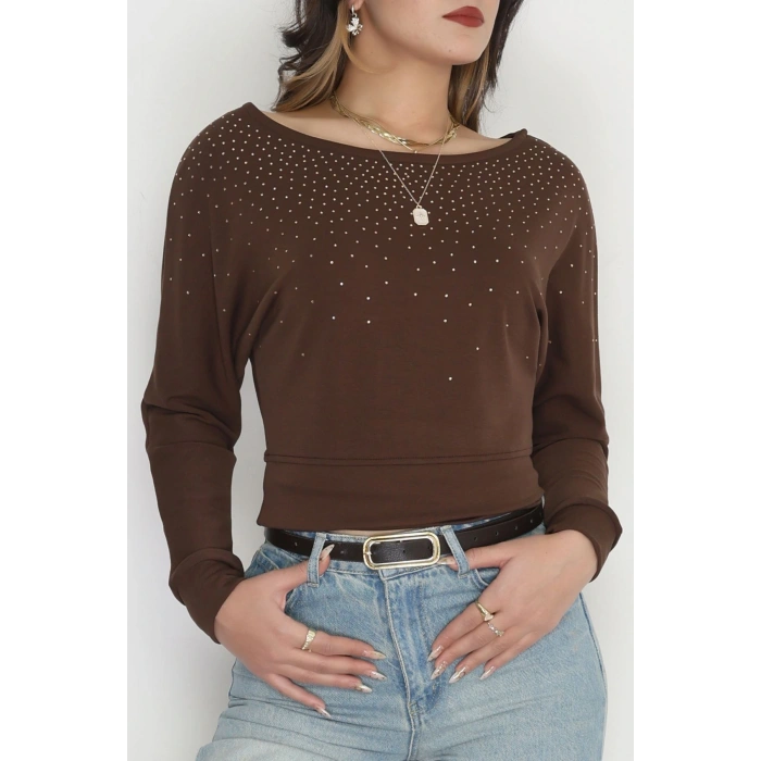 Taş Detay Kayık Yaka Bluz Acıkahve - 4129.1247.