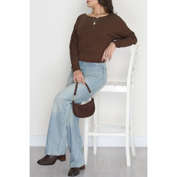 Taş Detay Kayık Yaka Bluz Acıkahve - 4129.1247.