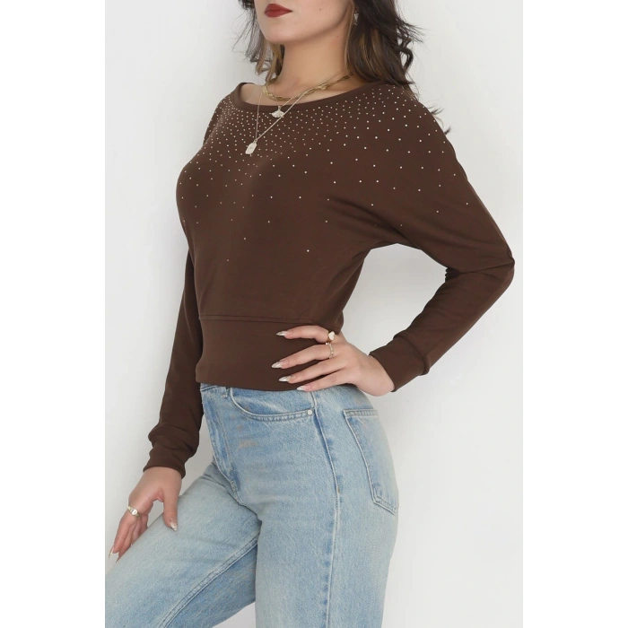 Taş Detay Kayık Yaka Bluz Acıkahve - 4129.1247.