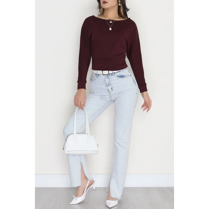 Taş Detay Kayık Yaka Bluz Mürdüm - 4129.1247.