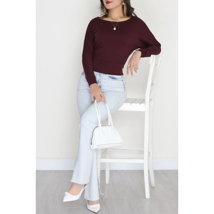 Taş Detay Kayık Yaka Bluz Mürdüm - 4129.1247.