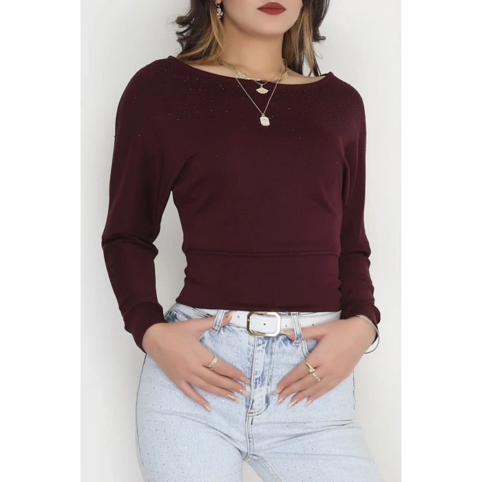 Taş Detay Kayık Yaka Bluz Mürdüm - 4129.1247.