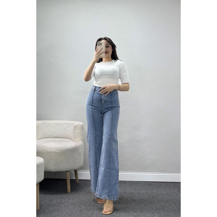 Taşlı Çımalı Kot Pantolon Buzmavi - 32448.2001