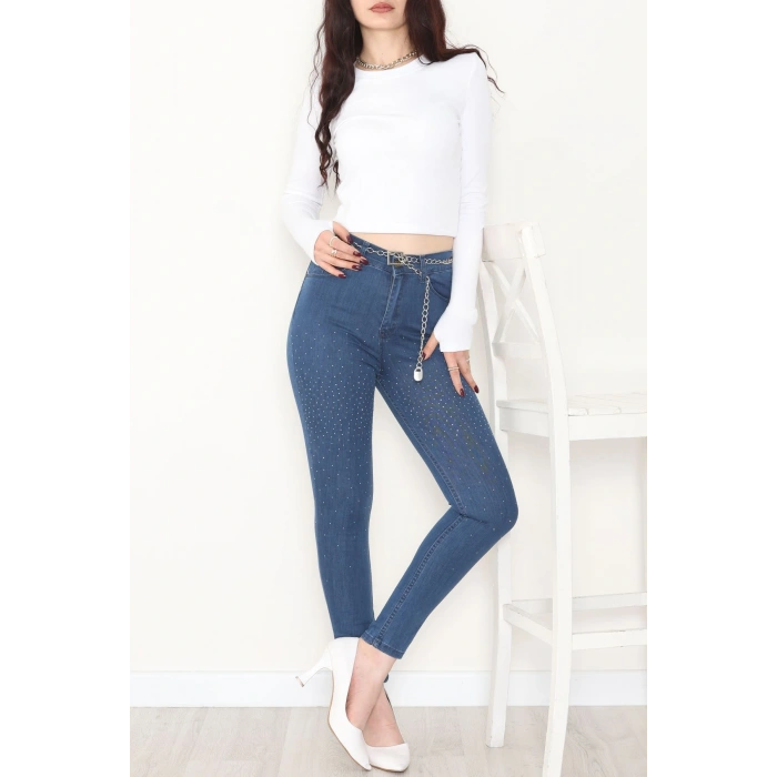 Taşlı Dar Paça Kot Pantolon İndigo - 31656.2112.