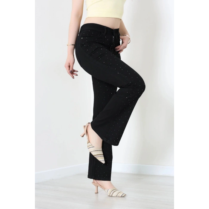 Taşlı İspanyol Paça Kot Pantolon Siyah - 32763.2088.