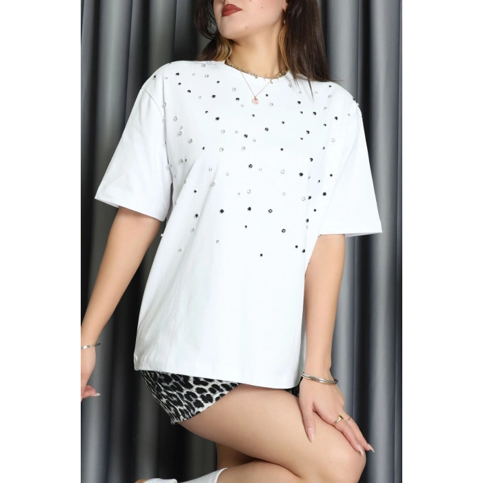Taşlı Örme Oversize Tişört Beyaz - 50551.444.