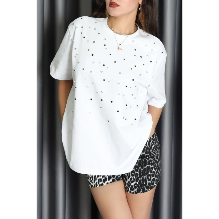Taşlı Örme Oversize Tişört Beyaz - 50551.444.