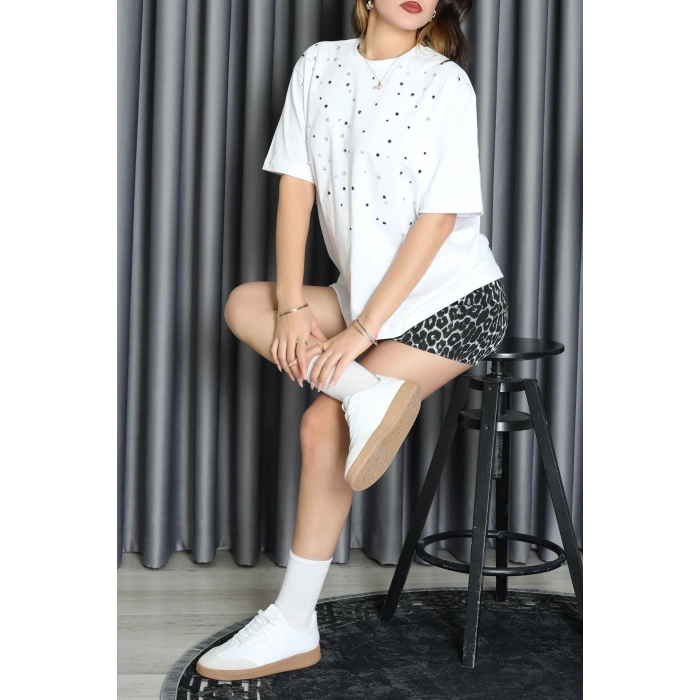 Taşlı Örme Oversize Tişört Beyaz - 50551.444.