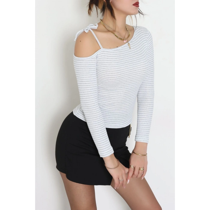 Tek Omuz Detaylı Likralı Kaşkorse Bluz Gribeyaz - 51091.1567.