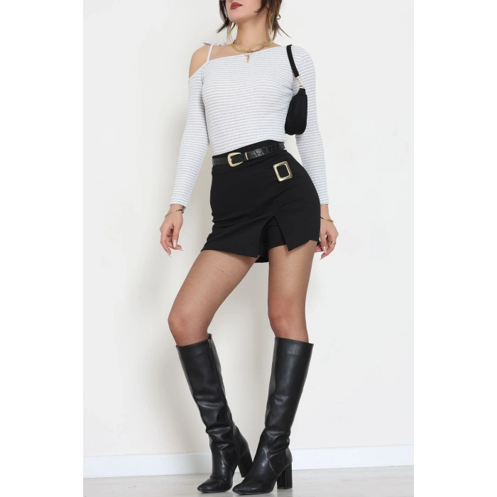 Tek Omuz Detaylı Likralı Kaşkorse Bluz Gribeyaz - 51091.1567.