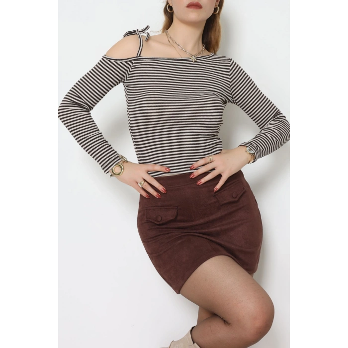 Tek Omuz Detaylı Likralı Kaşkorse Bluz Kahvelatte - 51091.1567.