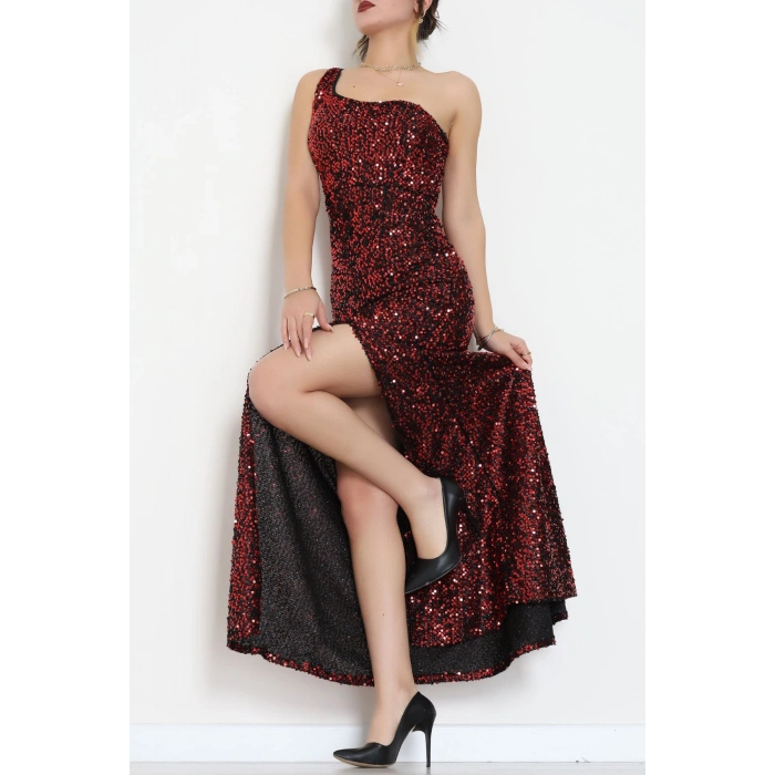 Tek Omuz Pul Payetli Elbise Bordo - 583150.1592.