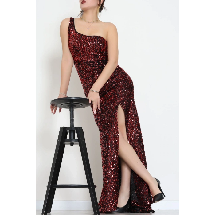 Tek Omuz Pul Payetli Elbise Bordo - 583150.1592.