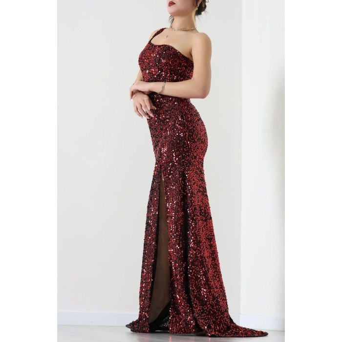 Tek Omuz Pul Payetli Elbise Bordo - 583150.1592.