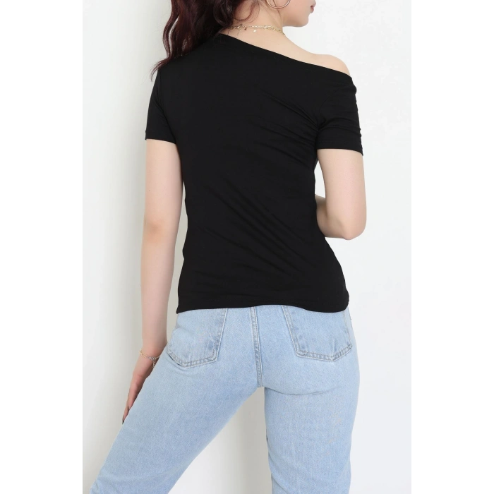 Tek Omuzu Açık Büzgülü Viskon Bluz Siyah - 61365.1256.