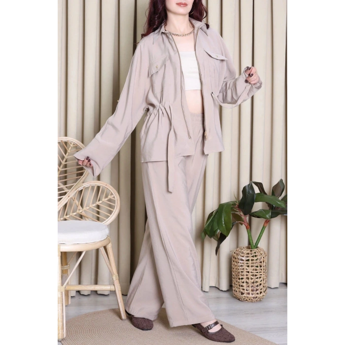Tencel Fermuarlı Çift Cep Takım Bej - 10011.1254.