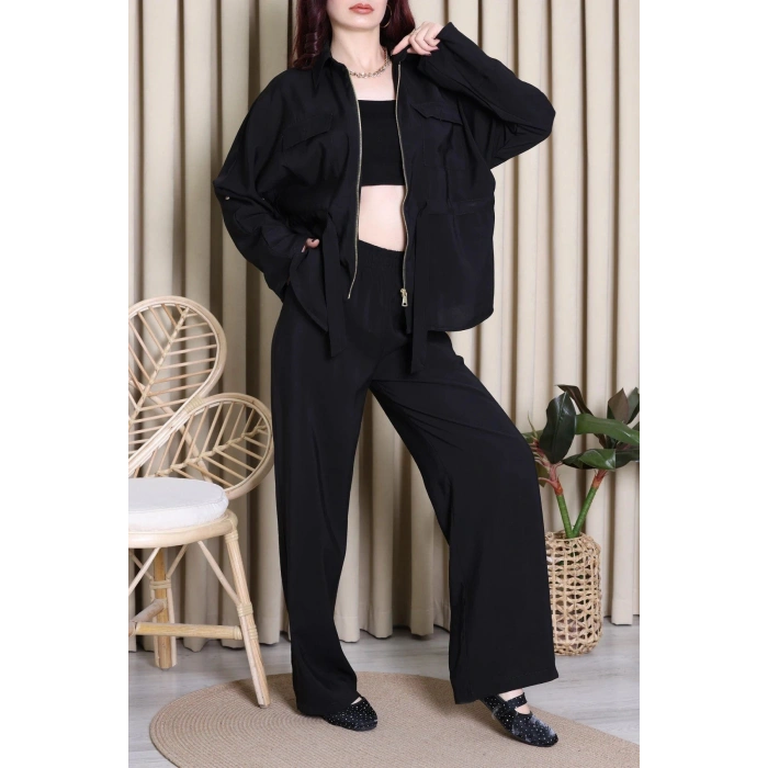 Tencel Fermuarlı Çift Cep Takım Siyah - 10011.1254.