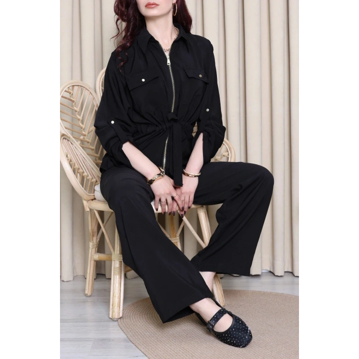 Tencel Fermuarlı Çift Cep Takım Siyah - 10011.1254.