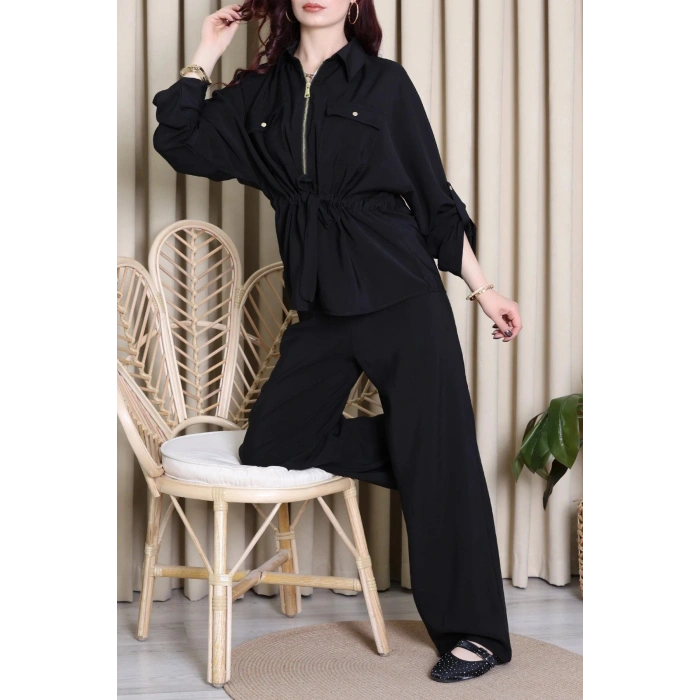 Tencel Fermuarlı Çift Cep Takım Siyah - 10011.1254.