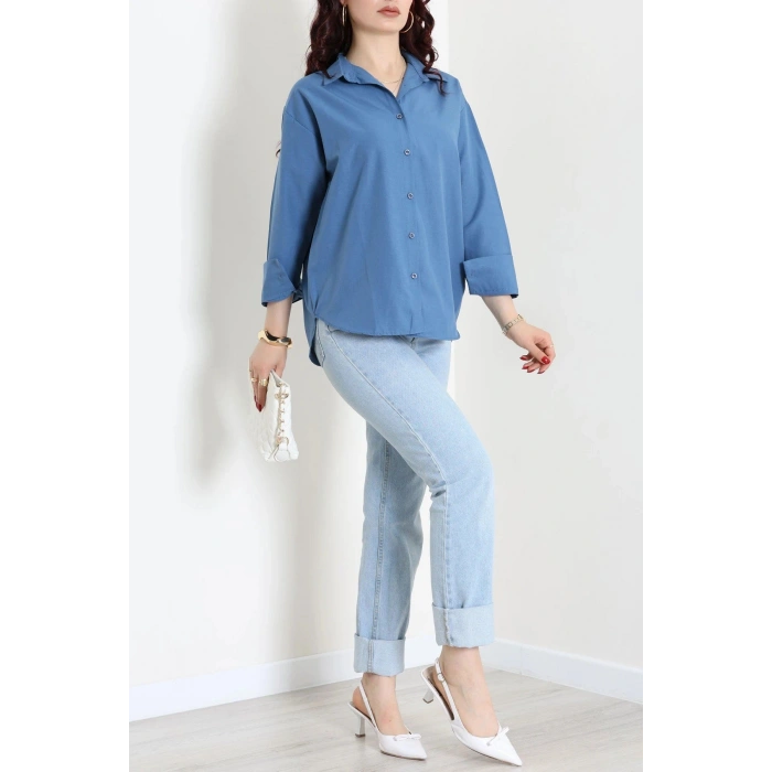 Terikoton Oversize Gömlek İndigo - 30829.2111.