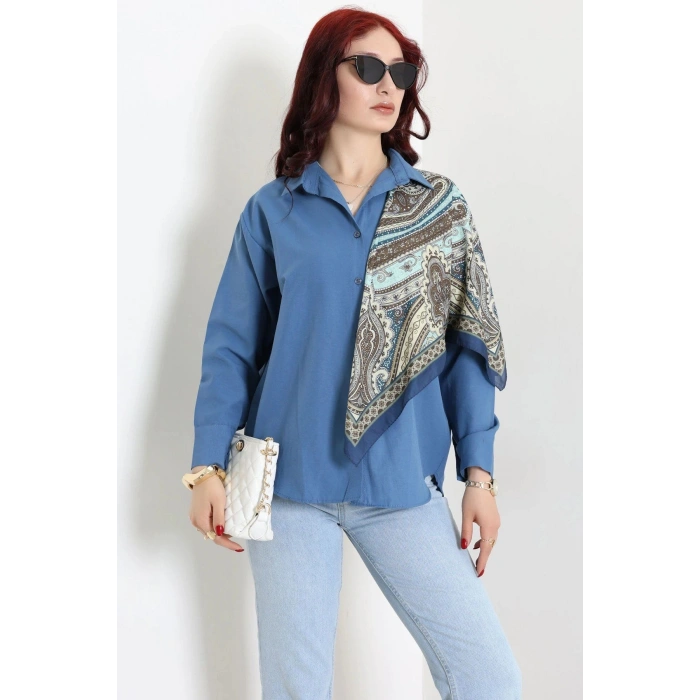 Terikoton Oversize Gömlek İndigo - 30829.2111.