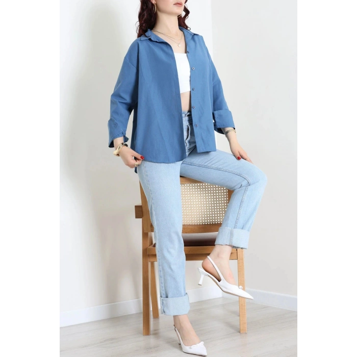 Terikoton Oversize Gömlek İndigo - 30829.2111.