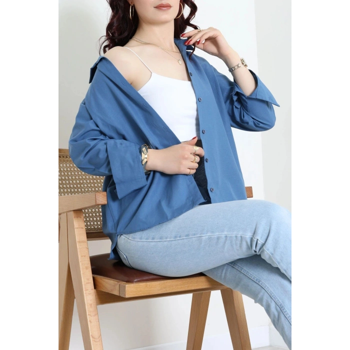 Terikoton Oversize Gömlek İndigo - 30829.2111.