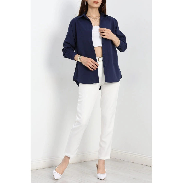 Terikoton Oversize Gömlek Lacivert - 30840.1949.