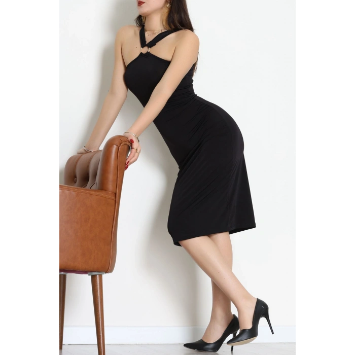 Toka Detaylı Viskon Elbise Siyah - 70828.1949.