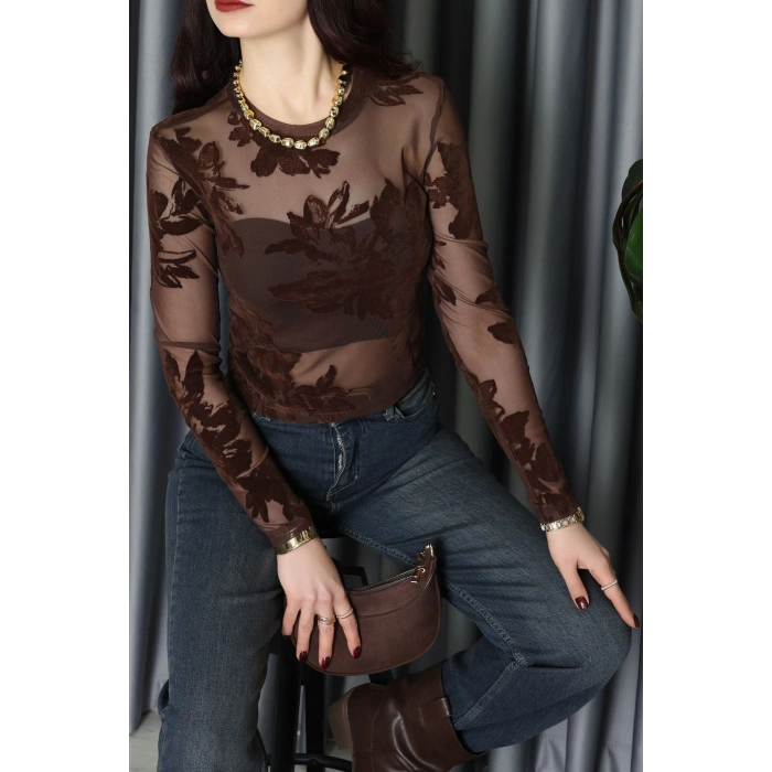 Transparan Şifon Bluz Kahve - 70848.2078.