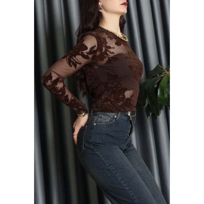 Transparan Şifon Bluz Kahve - 70848.2078.