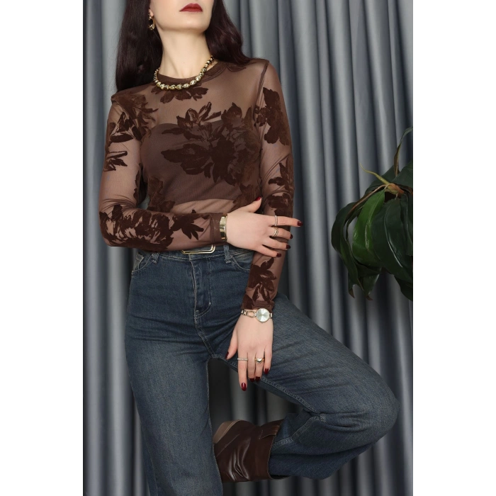 Transparan Şifon Bluz Kahve - 70848.2078.