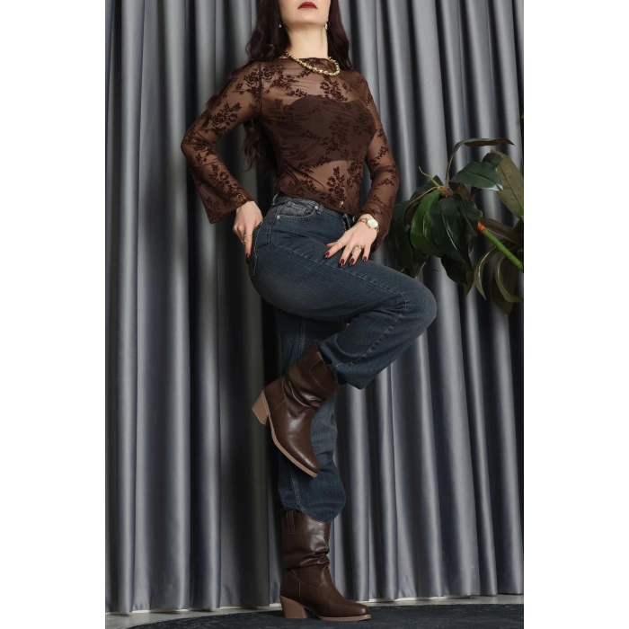 Transparan Şifon Kayık Yaka Bluz Kahve - 70847.2078.